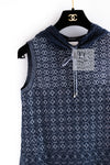 CHANEL 15C Navy Blue Metalic Silk Blend Hood Knit Tops 36 38 シャネル ネイビー ブルー ラメ ノースリーブ シルク ニット トップス パーカー 即発