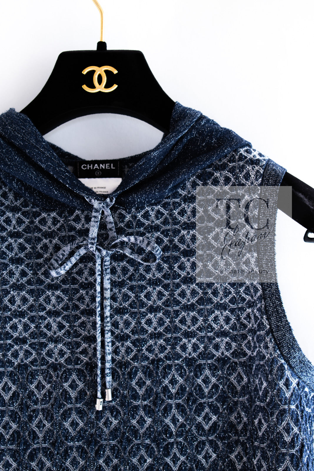シャネル トップス パーカー CHANEL ネイビー ブルー ラメ シルク