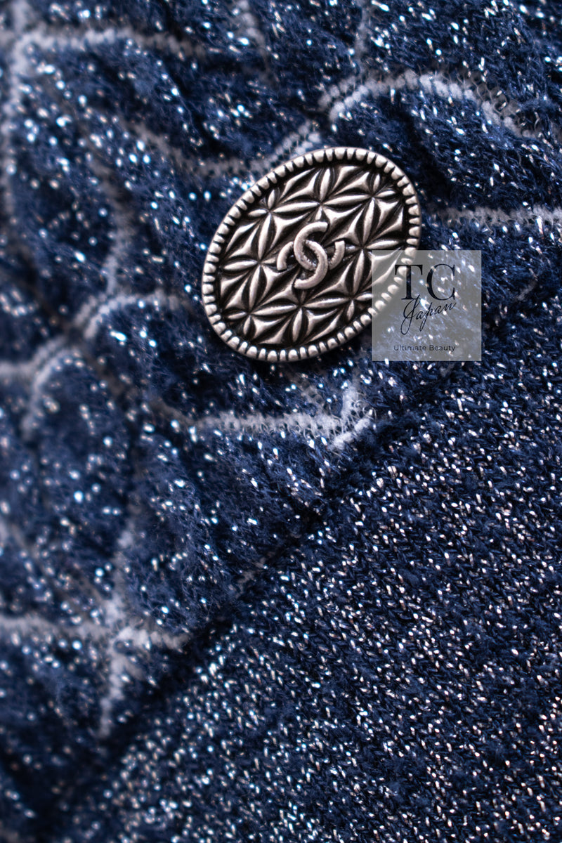 CHANEL 15C Navy Blue Metalic Silk Blend Hood Knit Tops 36 38 シャネル ネイビー ブルー ラメ ノースリーブ シルク ニット トップス パーカー 即発