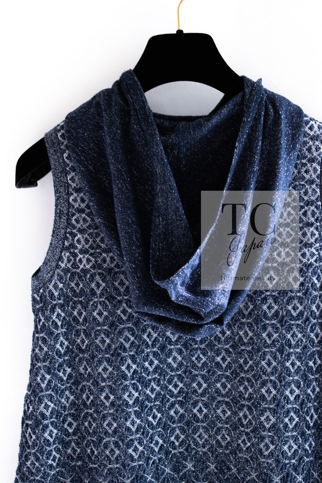 シャネル トップス パーカー CHANEL ネイビー ブルー ラメ シルク