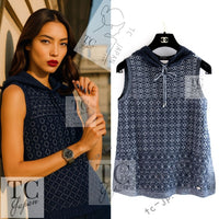 CHANEL 15C Navy Blue Metalic Silk Blend Hood Knit Tops 36 38 シャネル ネイビー ブルー ラメ ノースリーブ シルク ニット トップス パーカー 即発