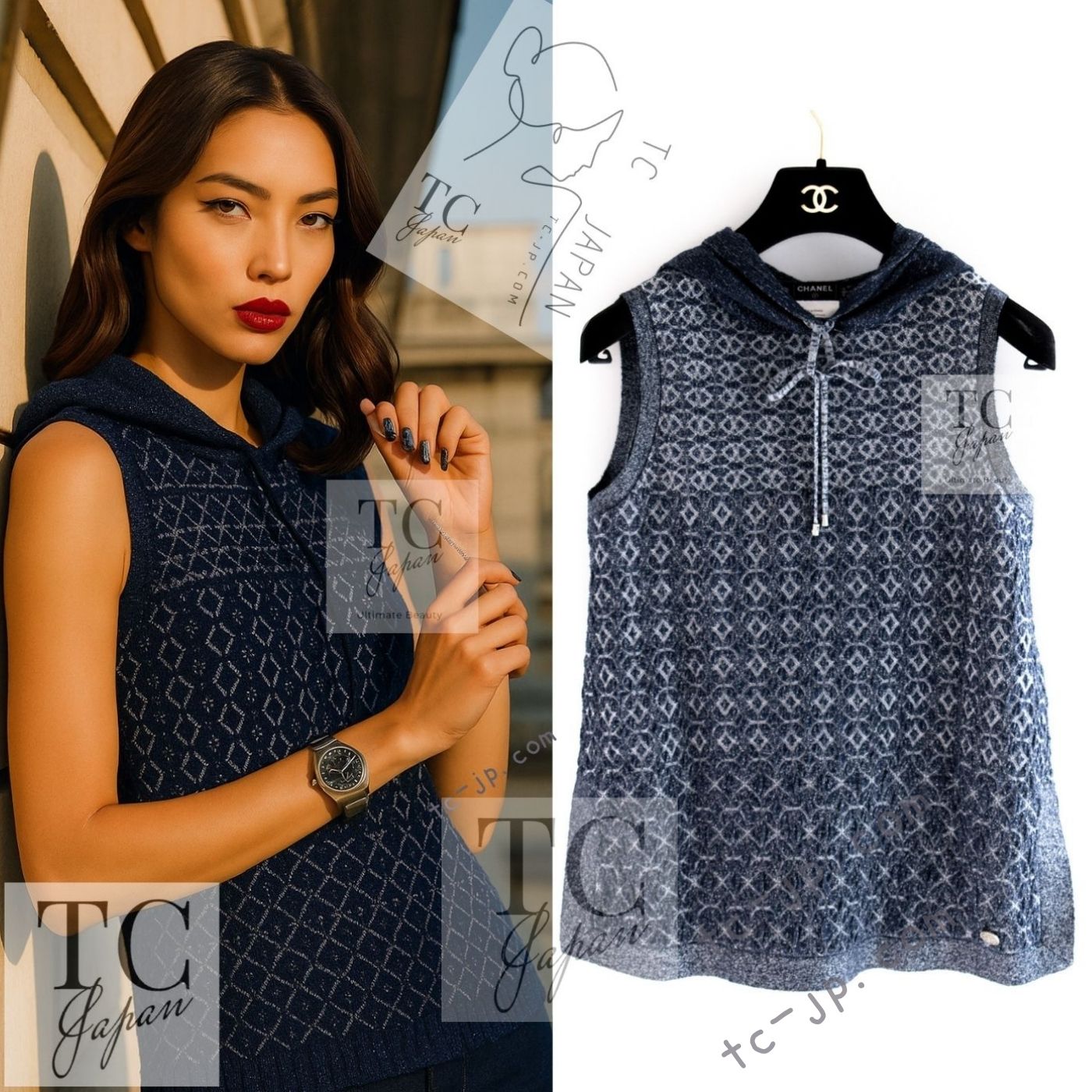 CHANEL 15C Navy Blue Metalic Silk Blend Hood Knit Tops 36 38 シャネル ネイビー ブルー ラメ ノースリーブ シルク ニット トップス パーカー 即発