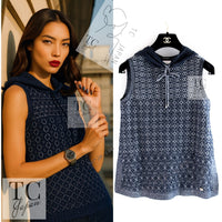 CHANEL 15C Navy Blue Metalic Silk Blend Hood Knit Tops 36 38 シャネル ネイビー ブルー ラメ ノースリーブ シルク ニット トップス パーカー 即発