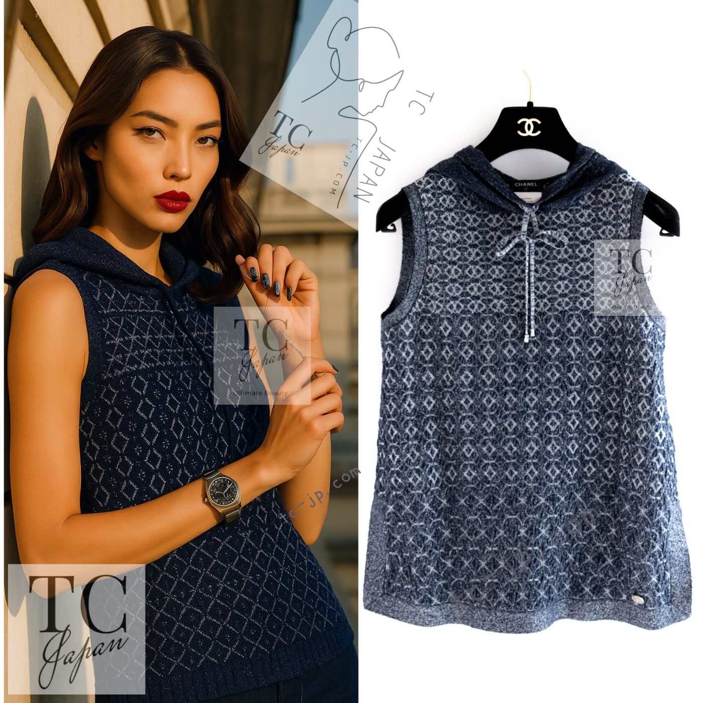 CHANEL 15C Navy Blue Metalic Silk Blend Hood Knit Tops 36 38 シャネル ネイビー ブルー ラメ ノースリーブ シルク ニット トップス パーカー 即発