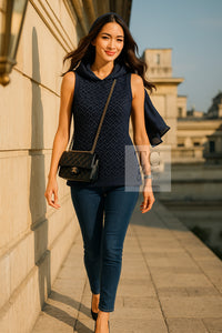 CHANEL 15C Navy Blue Metalic Silk Blend Hood Knit Tops 36 38 シャネル ネイビー ブルー ラメ ノースリーブ シルク ニット トップス パーカー 即発