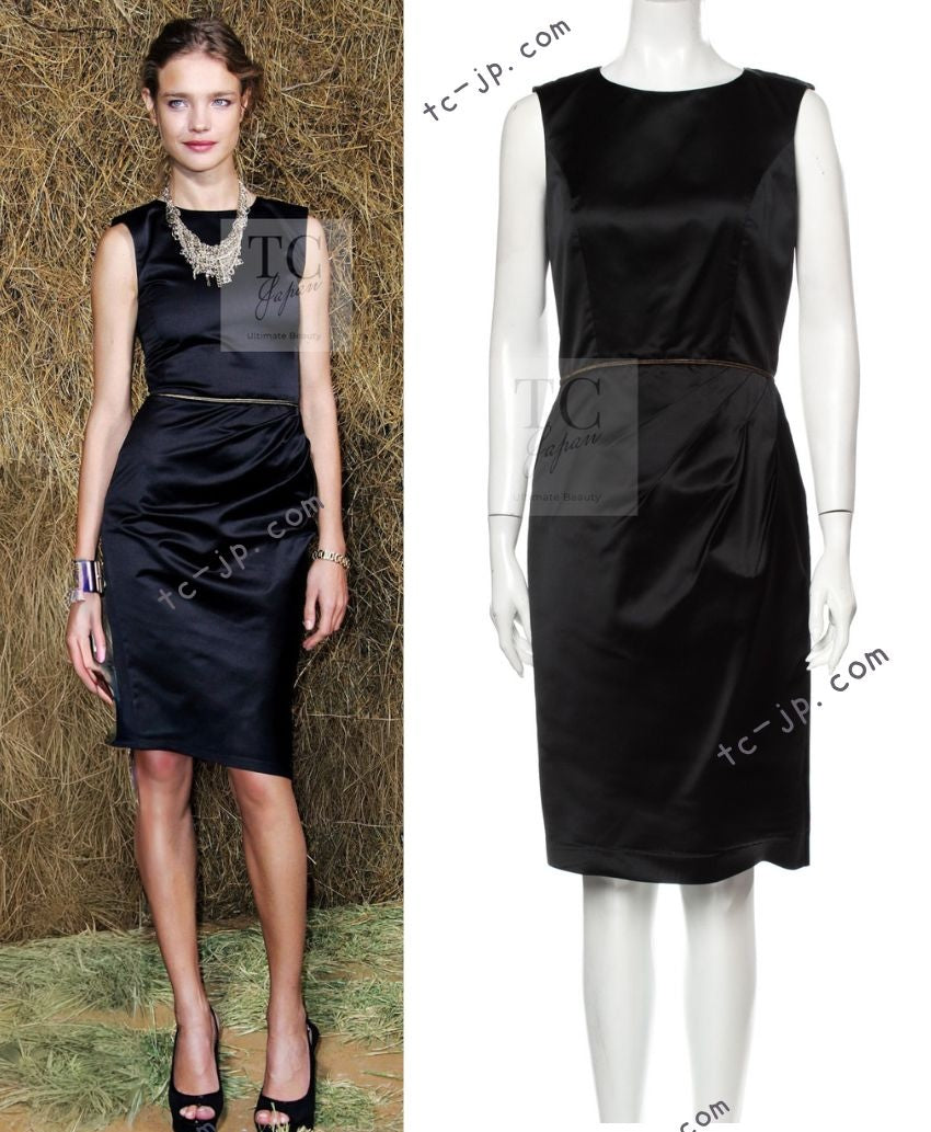 シャネル ワンピース CHANEL ブラック ゴールドライン サテン シルク