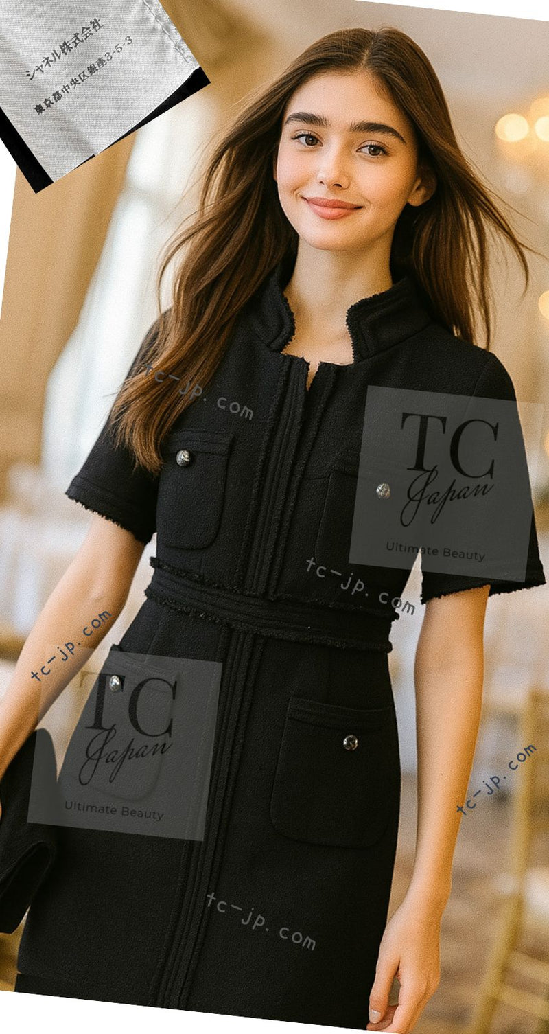 CHANEL 12S Black Wool Leelee Sobieski Tweed Dress 44 シャネル ブラック ウール ココボタン ツイード ドレス ワンピース 即発