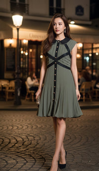 CHANEL 08A Olive Silk Leather Trim Pleated Dress 38 シャネル オリーブ シルク カーフ レザー トリム プリーツ ワンピース 即発