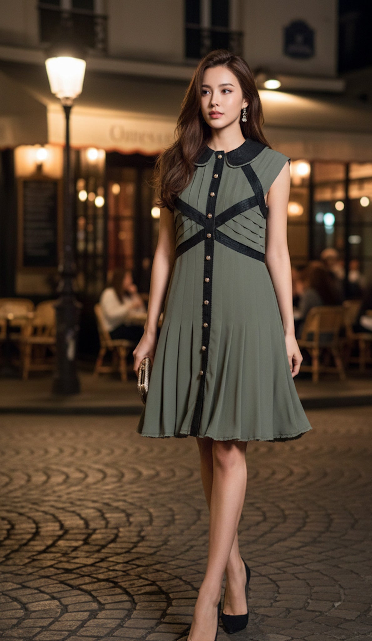 CHANEL 08A Olive Silk Leather Trim Pleated Dress 38 シャネル オリーブ シルク カーフ レザー トリム プリーツ ワンピース 即発