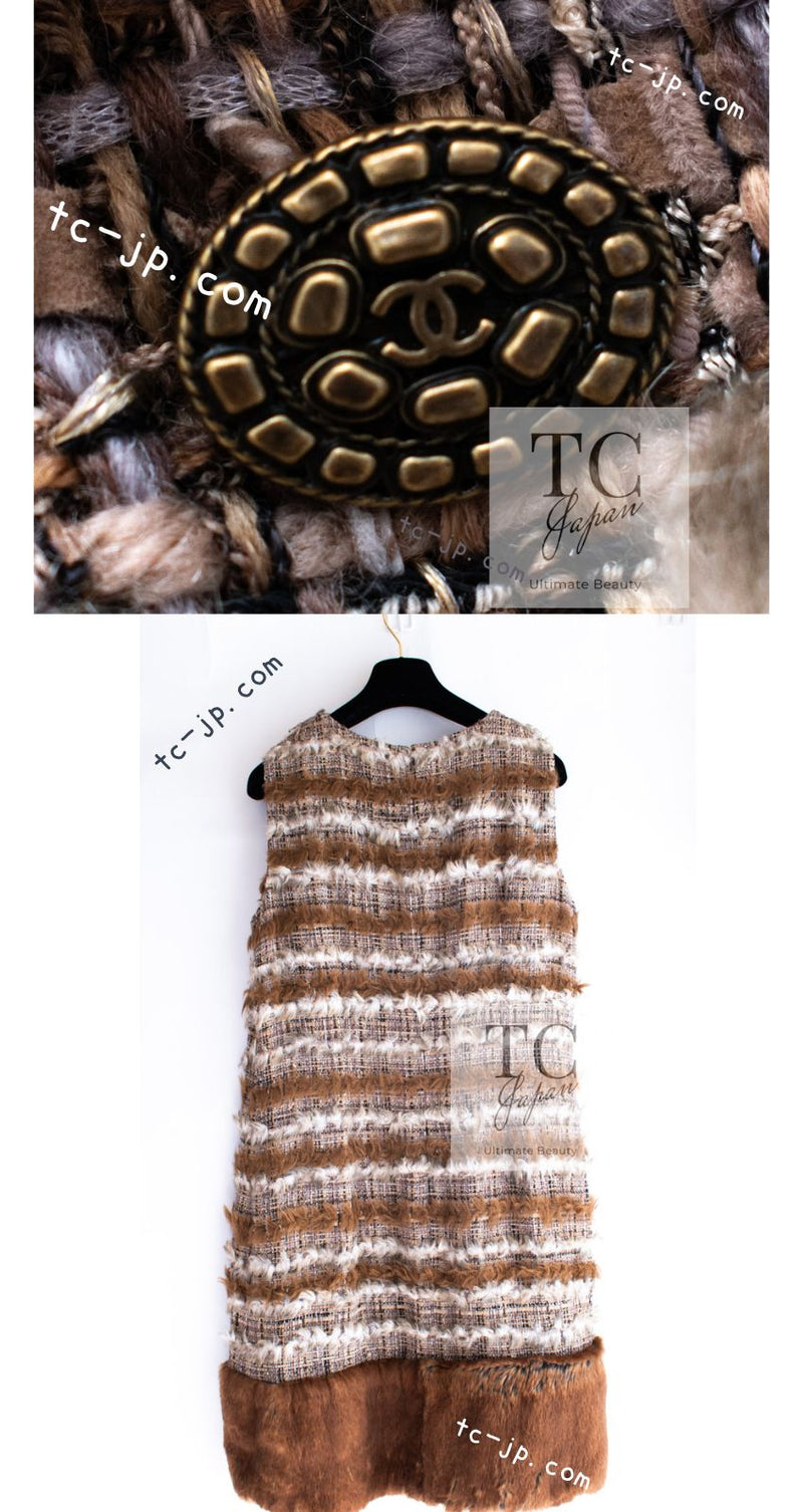 CHANEL 10A Brown Beige Fantasy Fur Tweed Dress 44 シャネル ブラウン ベージュ ファンタジー ファー ツイード ワンピース 即発