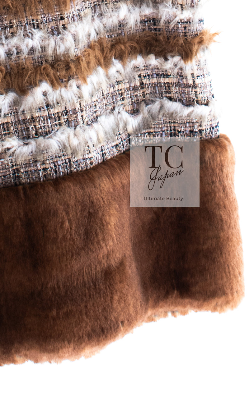 CHANEL 10A Brown Beige Fantasy Fur Tweed Dress 44 シャネル ブラウン ベージュ ファンタジー ファー ツイード ワンピース 即発