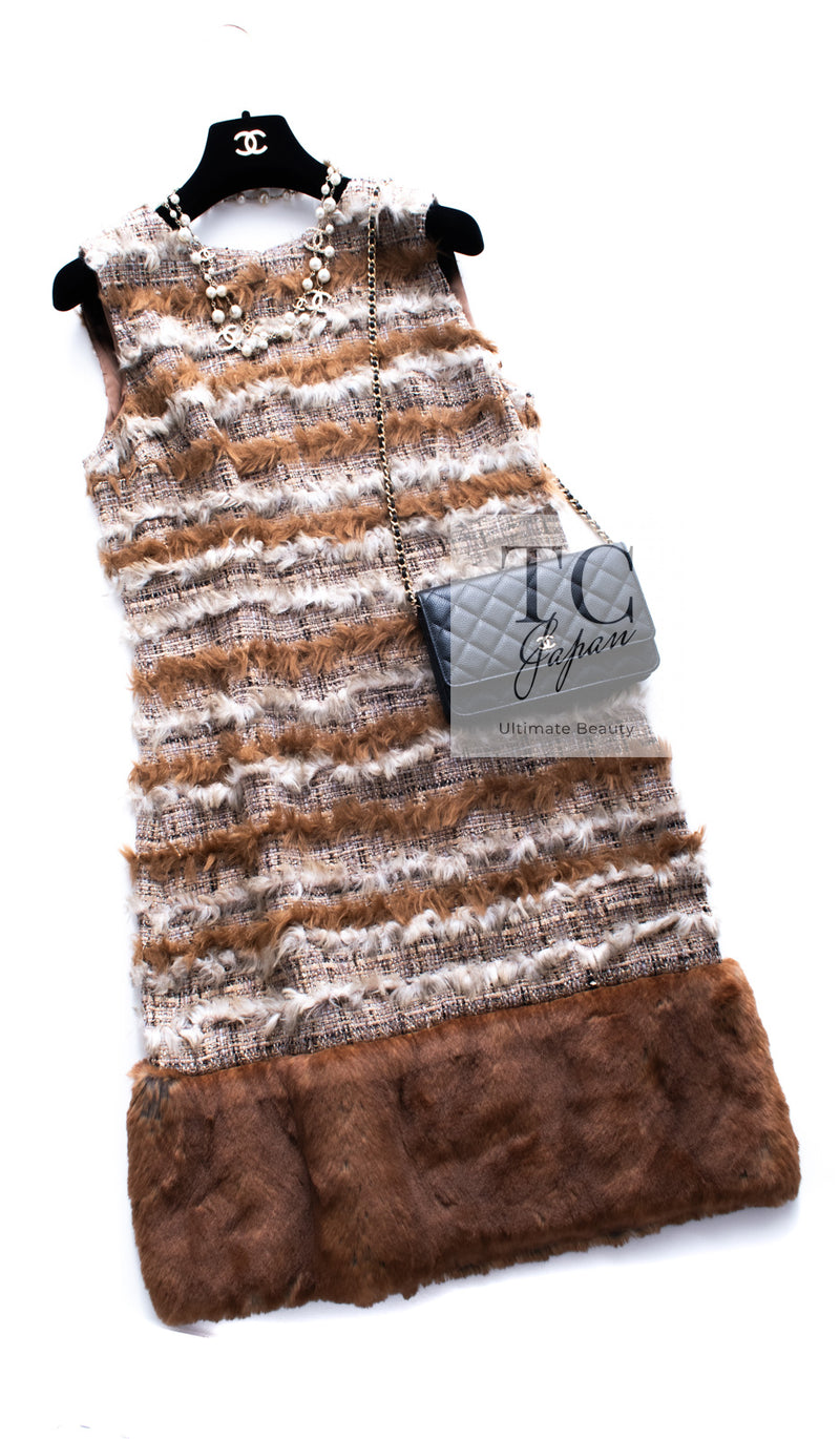 CHANEL 10A Brown Beige Fantasy Fur Tweed Dress 44 シャネル ブラウン ベージュ ファンタジー ファー ツイード ワンピース 即発