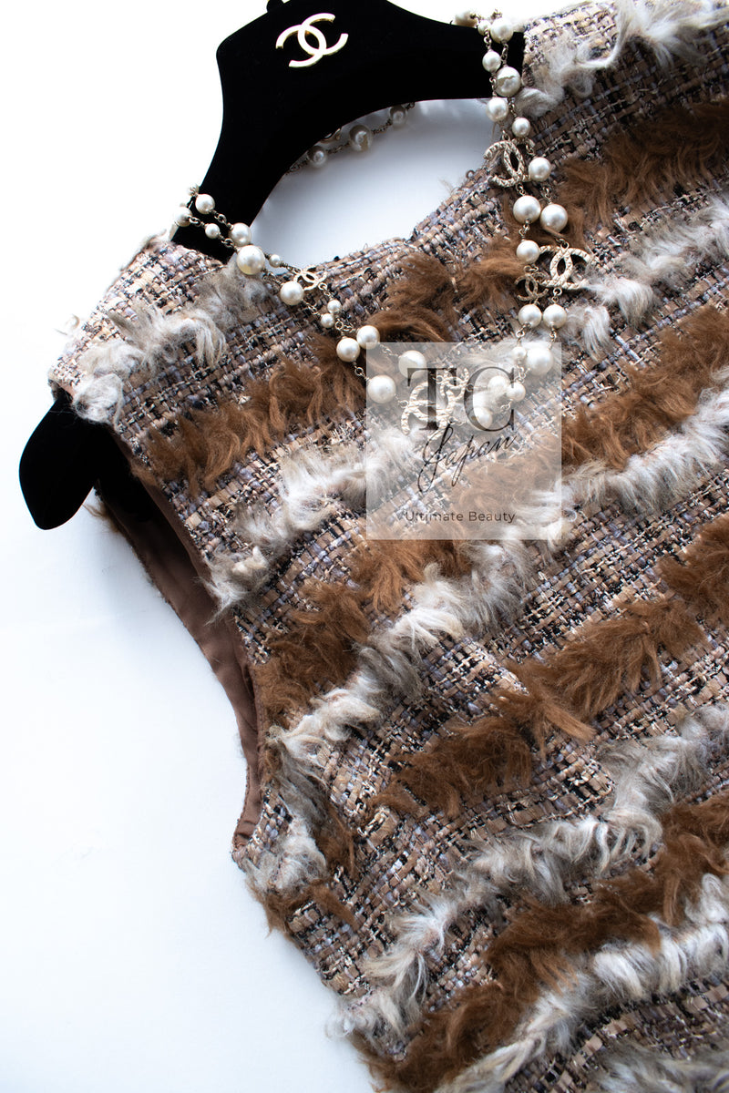 CHANEL 10A Brown Beige Fantasy Fur Tweed Dress 44 シャネル ブラウン ベージュ ファンタジー ファー ツイード ワンピース 即発