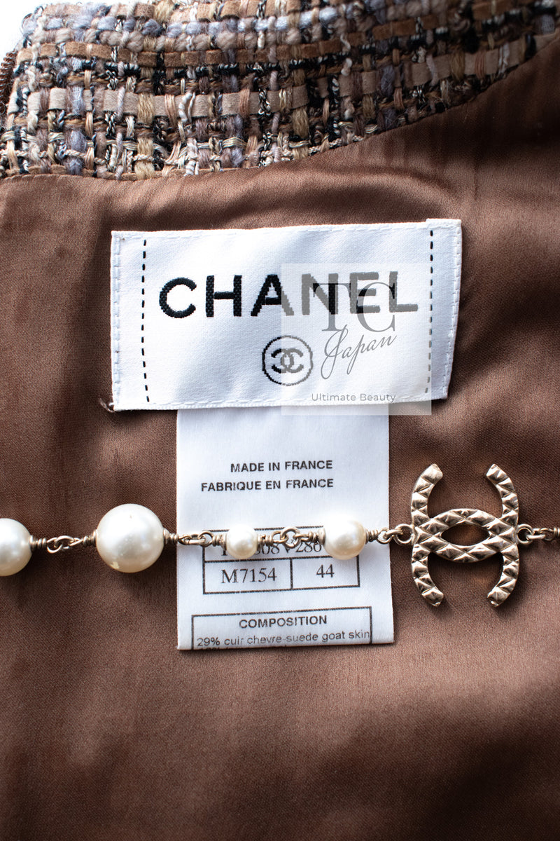 CHANEL 10A Brown Beige Fantasy Fur Tweed Dress 44 シャネル ブラウン ベージュ ファンタジー ファー ツイード ワンピース 即発