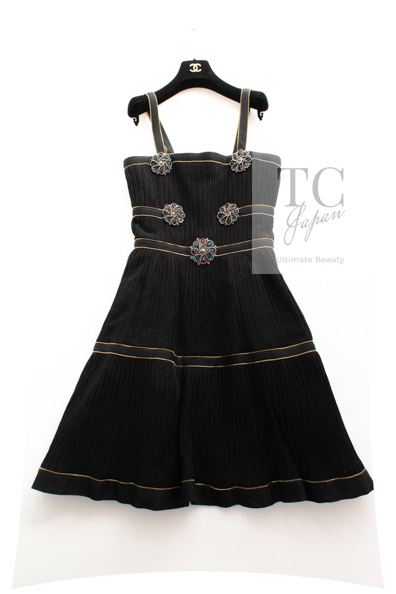 CHANEL 08PF Black Swarovski Flower Jeweled Dress 40 シャネル ブラック スワロフスキー フラワー ジュエリー ワンピース ドレス 即発