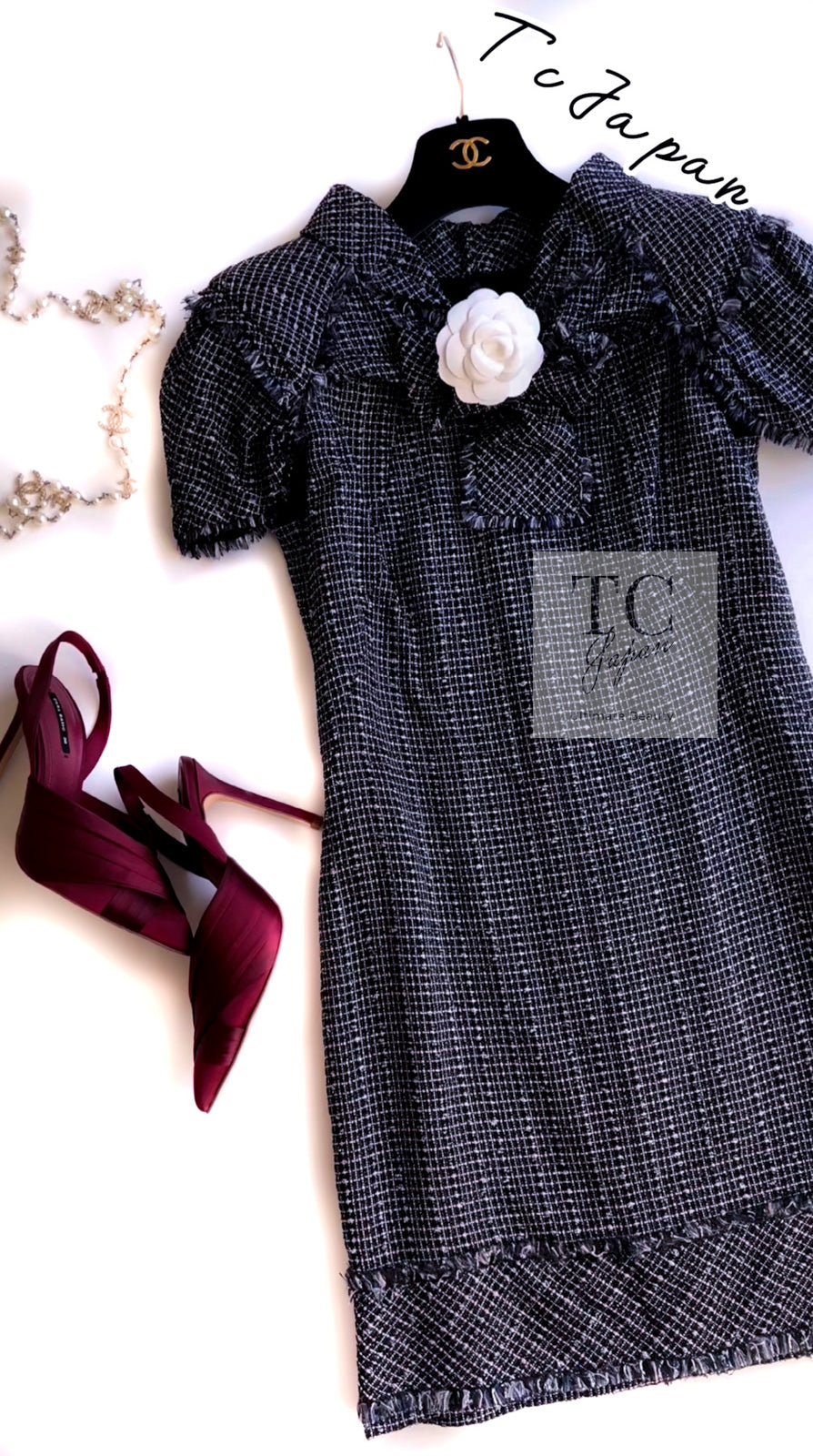 CHANEL 09S Black Navy Purple Bow Tweed Dress 38 シャネル ブラック ネイビー パープル リボン ツイード ワンピース 即発