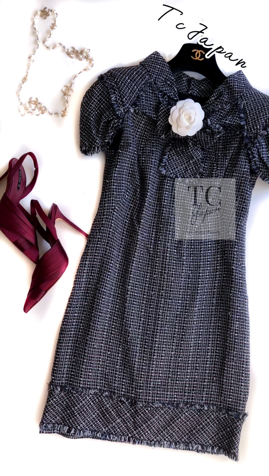 CHANEL 09S Black Navy Purple Bow Tweed Dress 38 シャネル ブラック ネイビー パープル リボン ツイード ワンピース 即発