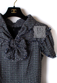 CHANEL 09S Black Navy Purple Bow Tweed Dress 38 シャネル ブラック ネイビー パープル リボン ツイード ワンピース 即発