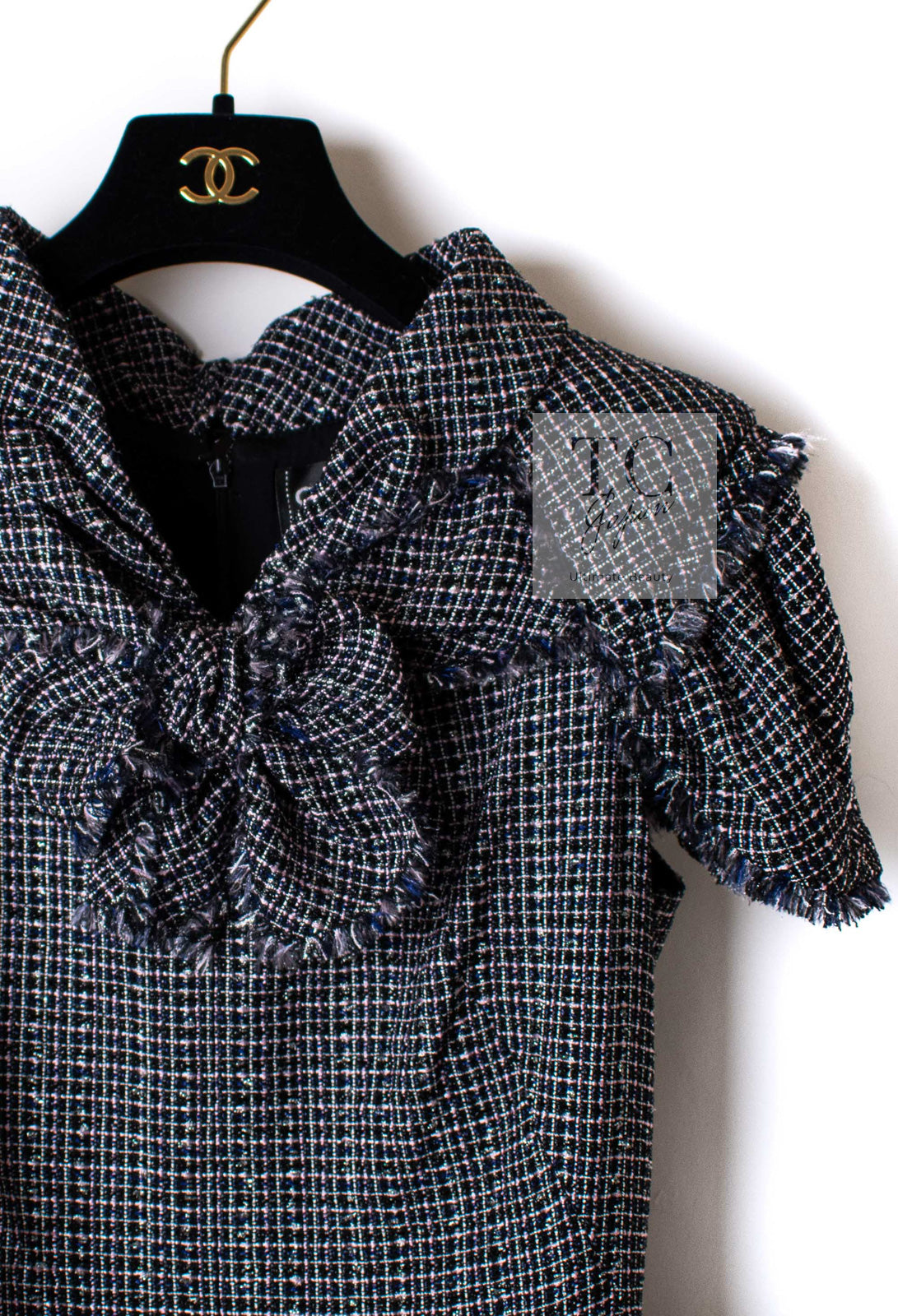 CHANEL 09S Black Navy Purple Bow Tweed Dress 38 シャネル ブラック ネイビー パープル リボン ツイード ワンピース 即発