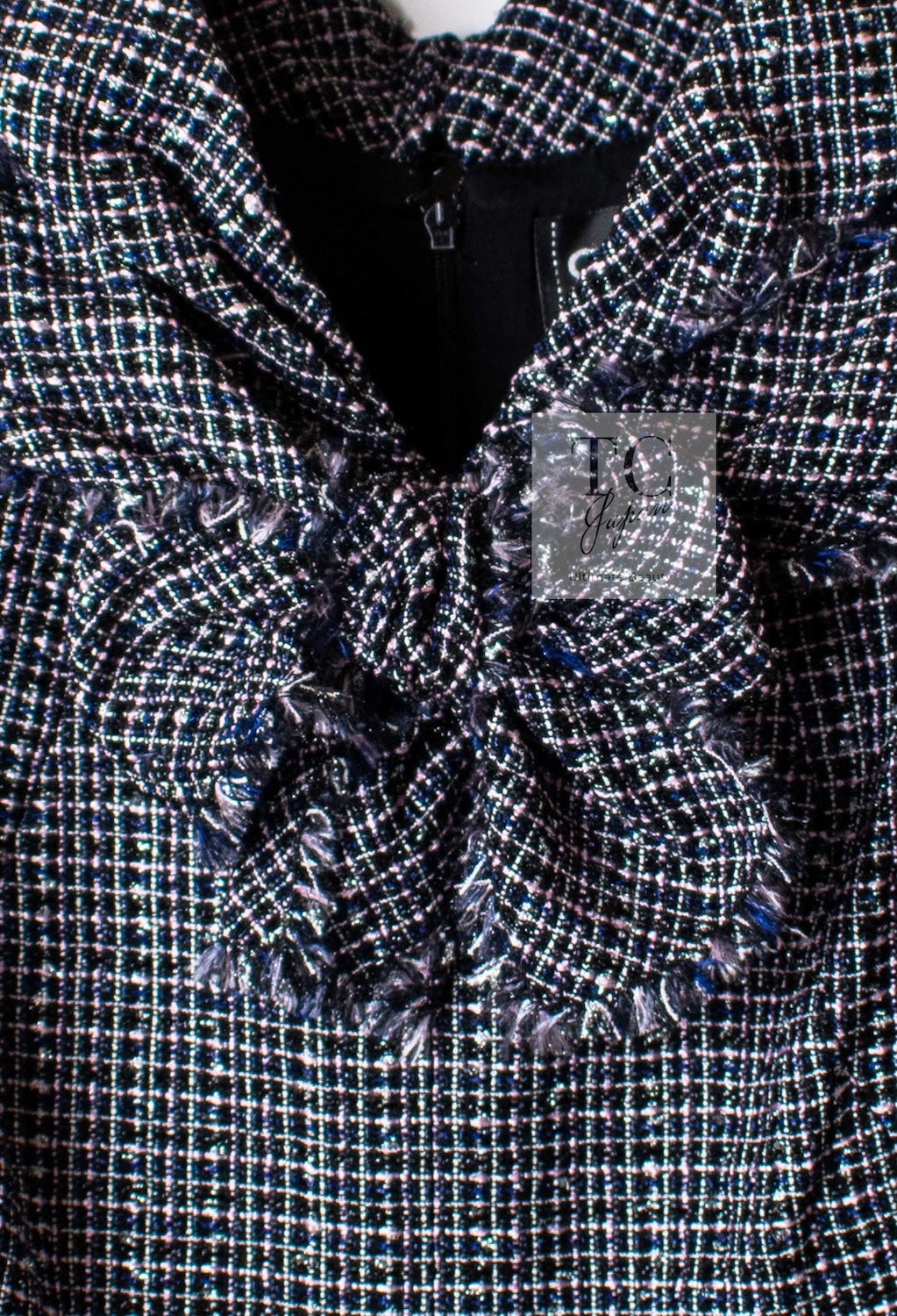 CHANEL 09S Black Navy Purple Bow Tweed Dress 38 シャネル ブラック ネイビー パープル リボン ツイード ワンピース 即発