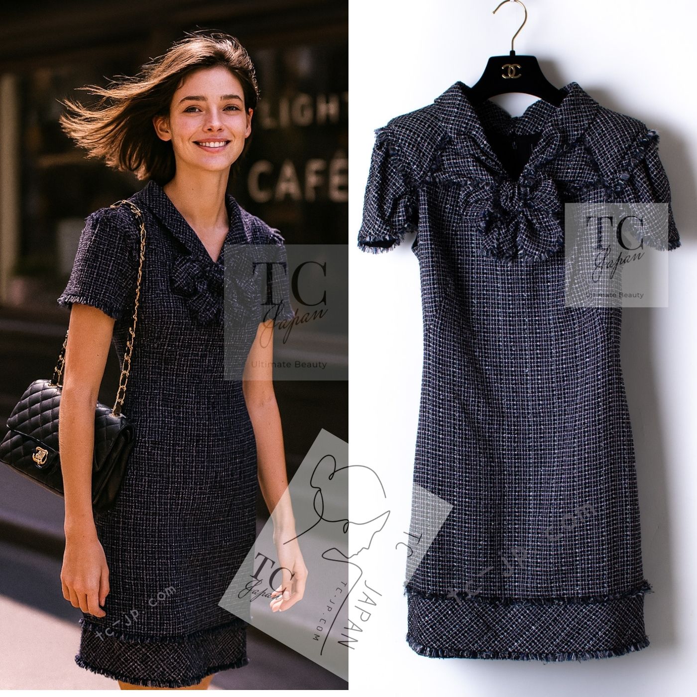 CHANEL 09S Black Navy Purple Bow Tweed Dress 38 シャネル ブラック ネイビー パープル リボン ツイード ワンピース 即発