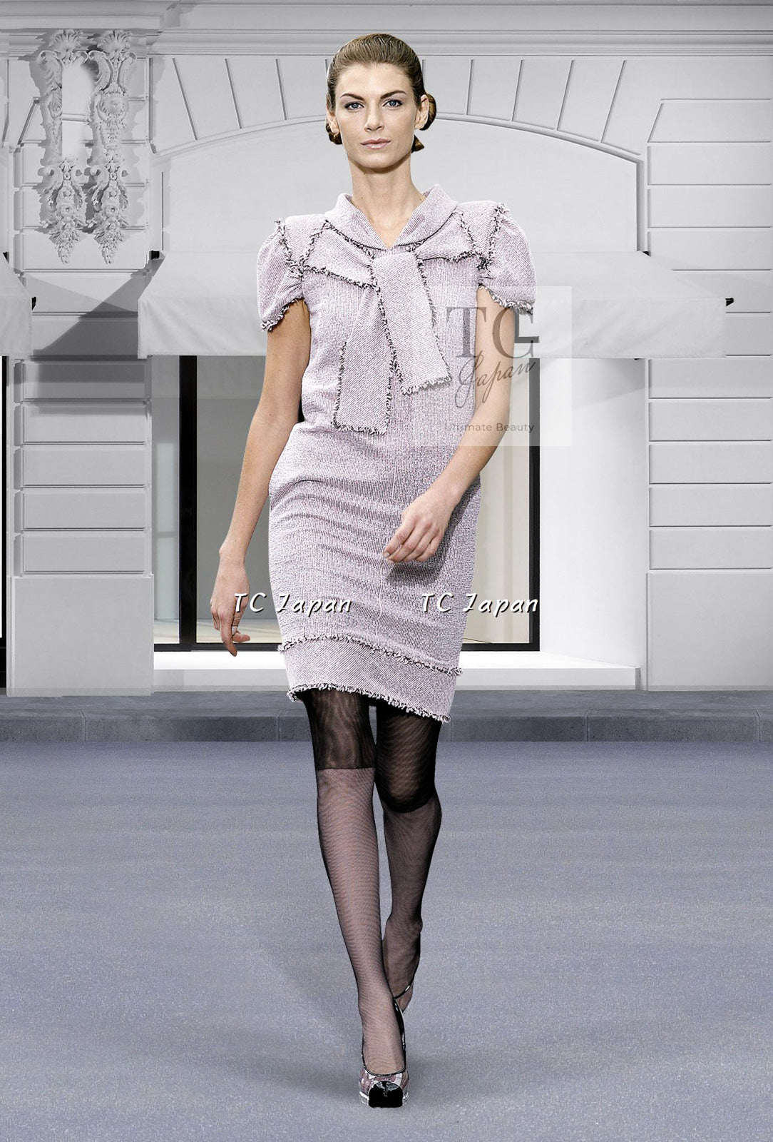 CHANEL 09S Black Navy Purple Bow Tweed Dress 38 シャネル ブラック ネイビー パープル リボン ツイード ワンピース 即発
