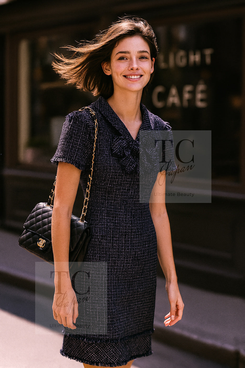 CHANEL 09S Black Navy Purple Bow Tweed Dress 38 シャネル ブラック ネイビー パープル リボン ツイード ワンピース 即発