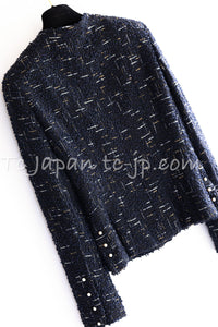 CHANEL 04S Black Navy Metallic Pearl Button Jacket 34 シャネル ブラック ネイビー メタリック パールボタン ジャケット 即発