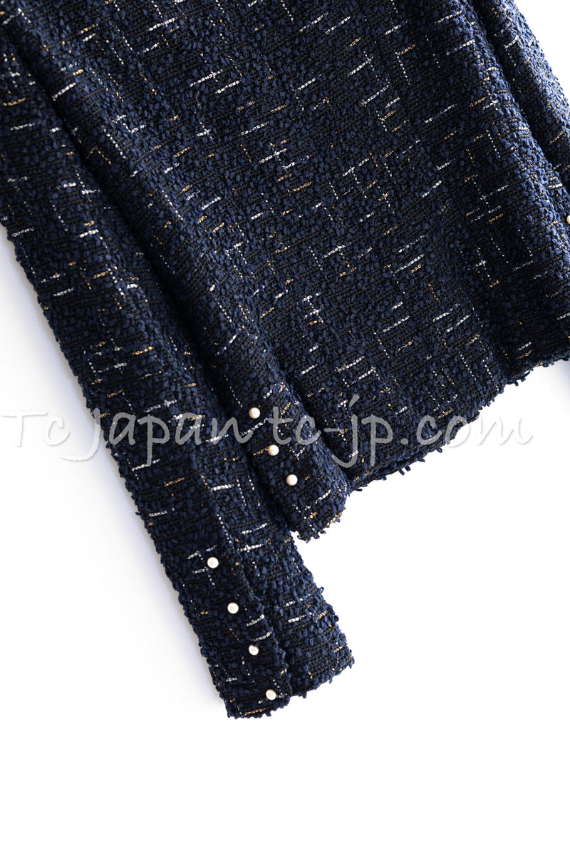 CHANEL 04S Black Navy Metallic Pearl Button Jacket 34 シャネル ブラック ネイビー メタリック パールボタン ジャケット 即発