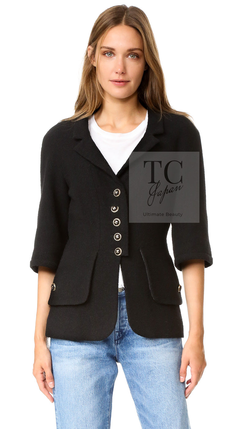 CHANEL 07S Black CC Logo Button Wool Silk Tweed Jacket 34 36 シャネル ブラック ココボタン CC ロゴ ウール シルク ツイード ジャケット 即発