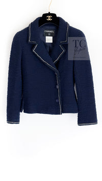 CHANEL 00A Navy Rhinestone Trim Tweed Jacket Skirt Suit 36 38 シャネル ネイビー ラインストーン トリム ツイード ジャケット スカート スーツ 即発