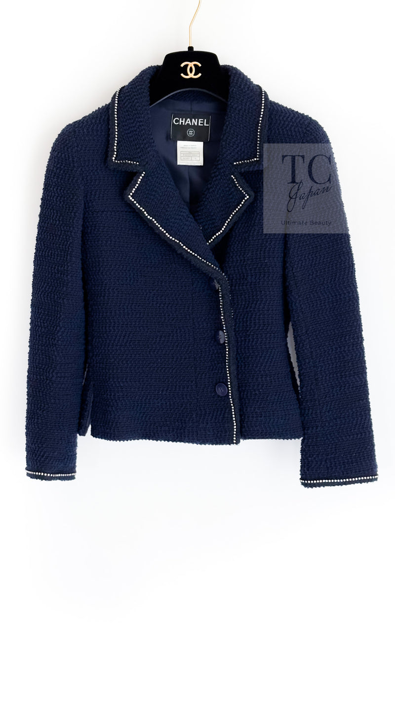 CHANEL 00A Navy Rhinestone Trim Tweed Jacket Skirt Suit 36 38 シャネル ネイビー ラインストーン トリム ツイード ジャケット スカート スーツ 即発
