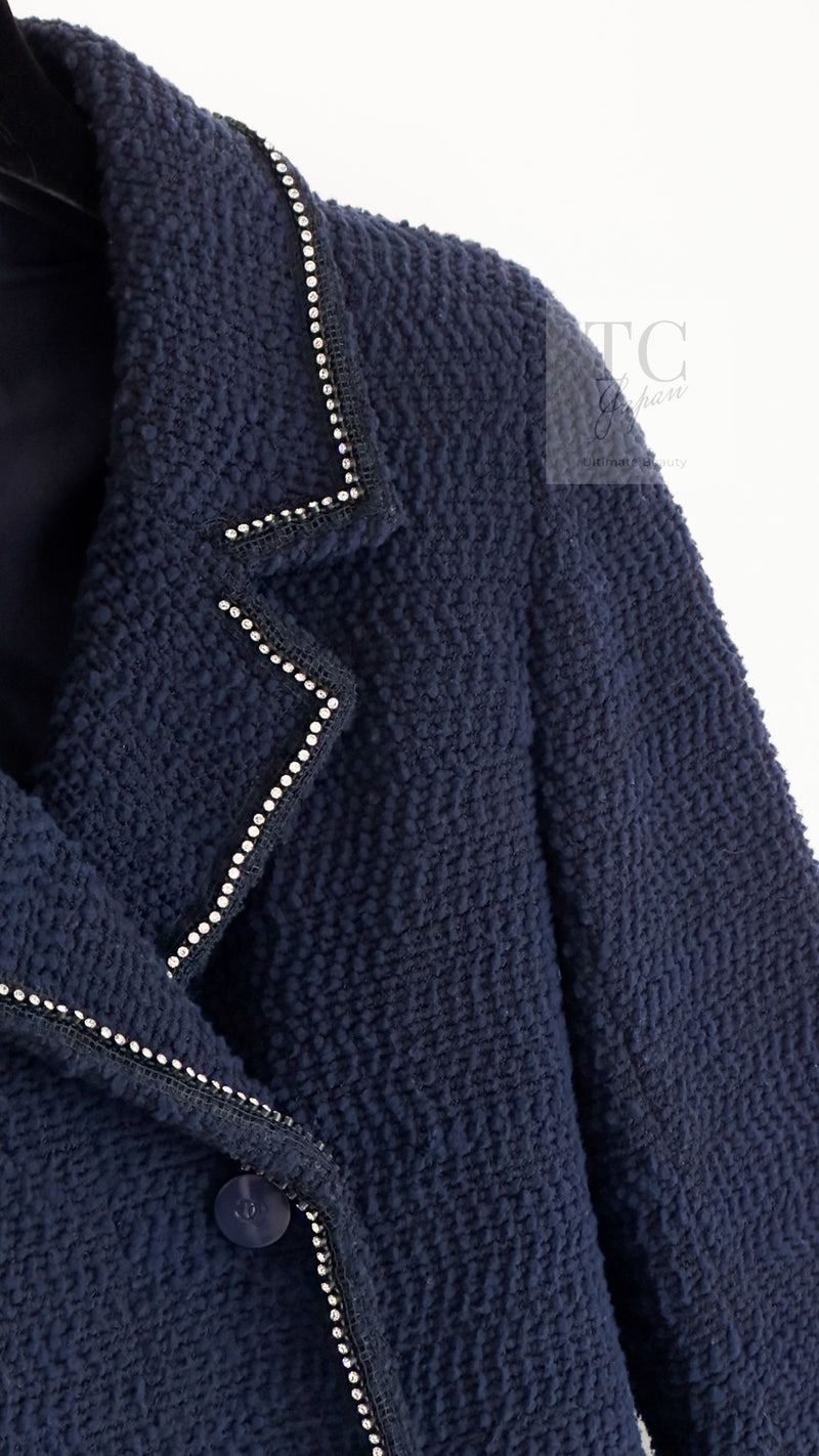 CHANEL 00A Navy Rhinestone Trim Tweed Jacket Skirt Suit 36 38 シャネル ネイビー ラインストーン トリム ツイード ジャケット スカート スーツ 即発