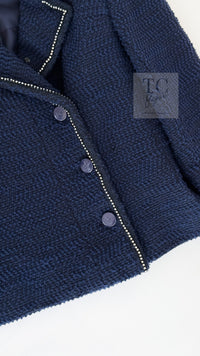 CHANEL 00A Navy Rhinestone Trim Tweed Jacket Skirt Suit 36 38 シャネル ネイビー ラインストーン トリム ツイード ジャケット スカート スーツ 即発