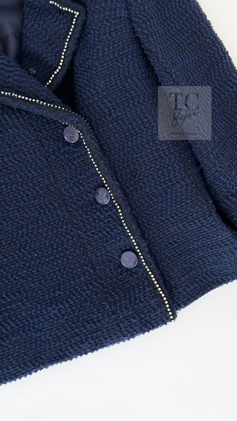 CHANEL 00A Navy Rhinestone Trim Tweed Jacket Skirt Suit 36 38 シャネル ネイビー ラインストーン トリム ツイード ジャケット スカート スーツ 即発