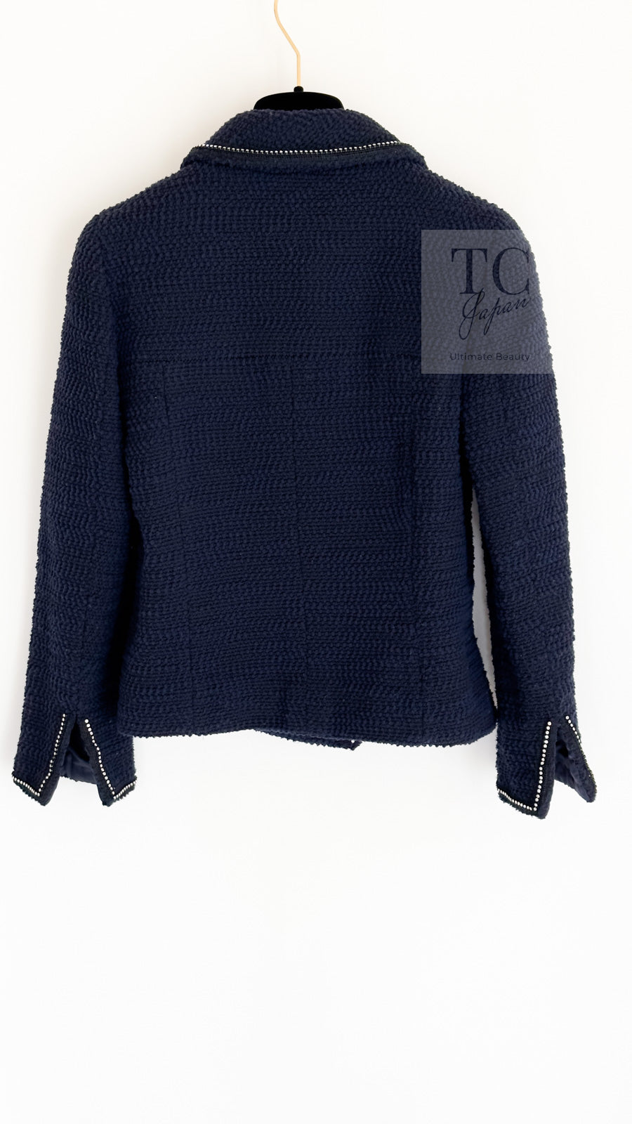 CHANEL 00A Navy Rhinestone Trim Tweed Jacket Skirt Suit 36 38 シャネル ネイビー ラインストーン トリム ツイード ジャケット スカート スーツ 即発