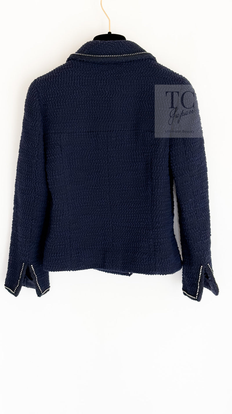 CHANEL 00A Navy Rhinestone Trim Tweed Jacket Skirt Suit 36 38 シャネル ネイビー ラインストーン トリム ツイード ジャケット スカート スーツ 即発