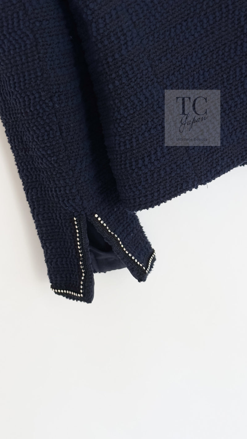 CHANEL 00A Navy Rhinestone Trim Tweed Jacket Skirt Suit 36 38 シャネル ネイビー ラインストーン トリム ツイード ジャケット スカート スーツ 即発