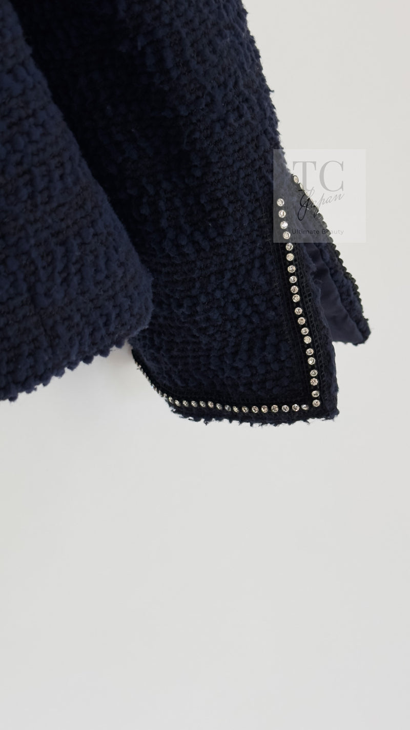 CHANEL 00A Navy Rhinestone Trim Tweed Jacket Skirt Suit 36 38 シャネル ネイビー ラインストーン トリム ツイード ジャケット スカート スーツ 即発