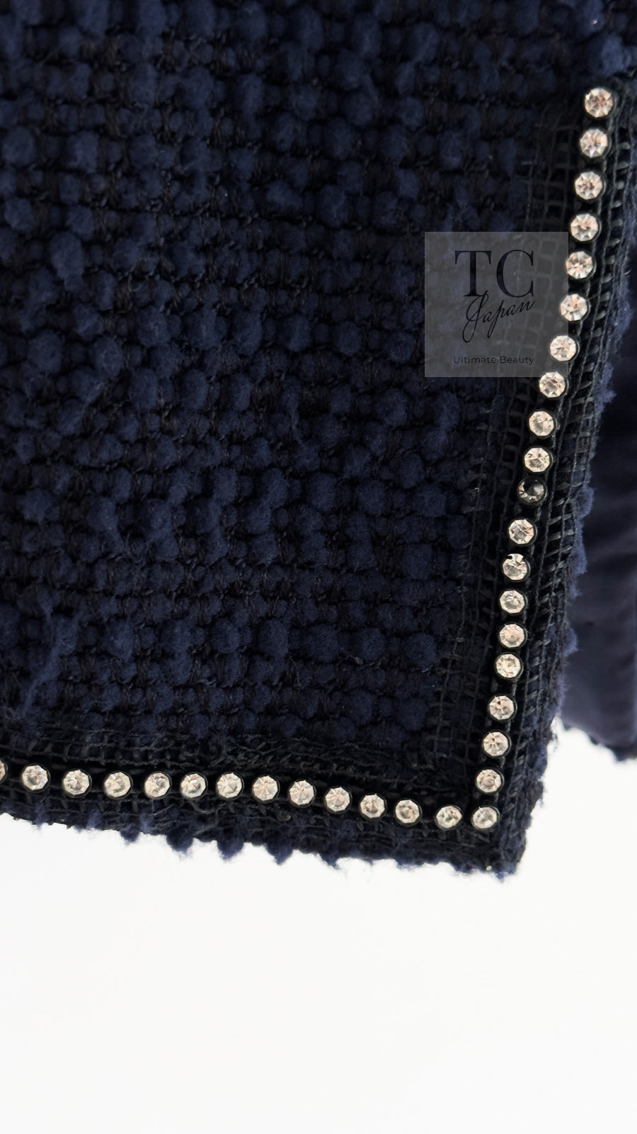 CHANEL 00A Navy Rhinestone Trim Tweed Jacket Skirt Suit 36 38 シャネル ネイビー ラインストーン トリム ツイード ジャケット スカート スーツ 即発
