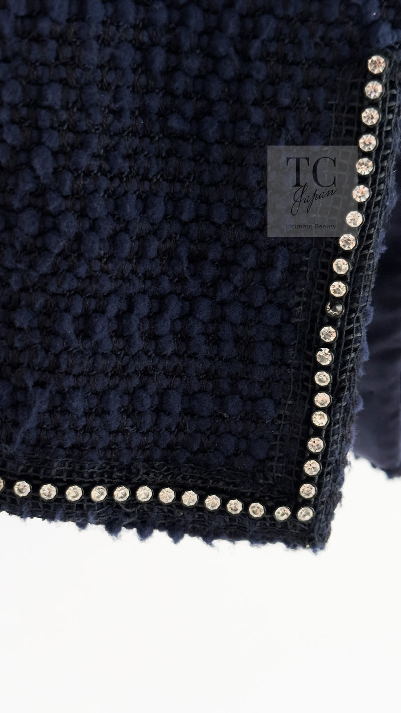 CHANEL 00A Navy Rhinestone Trim Tweed Jacket Skirt Suit 36 38 シャネル ネイビー ラインストーン トリム ツイード ジャケット スカート スーツ 即発