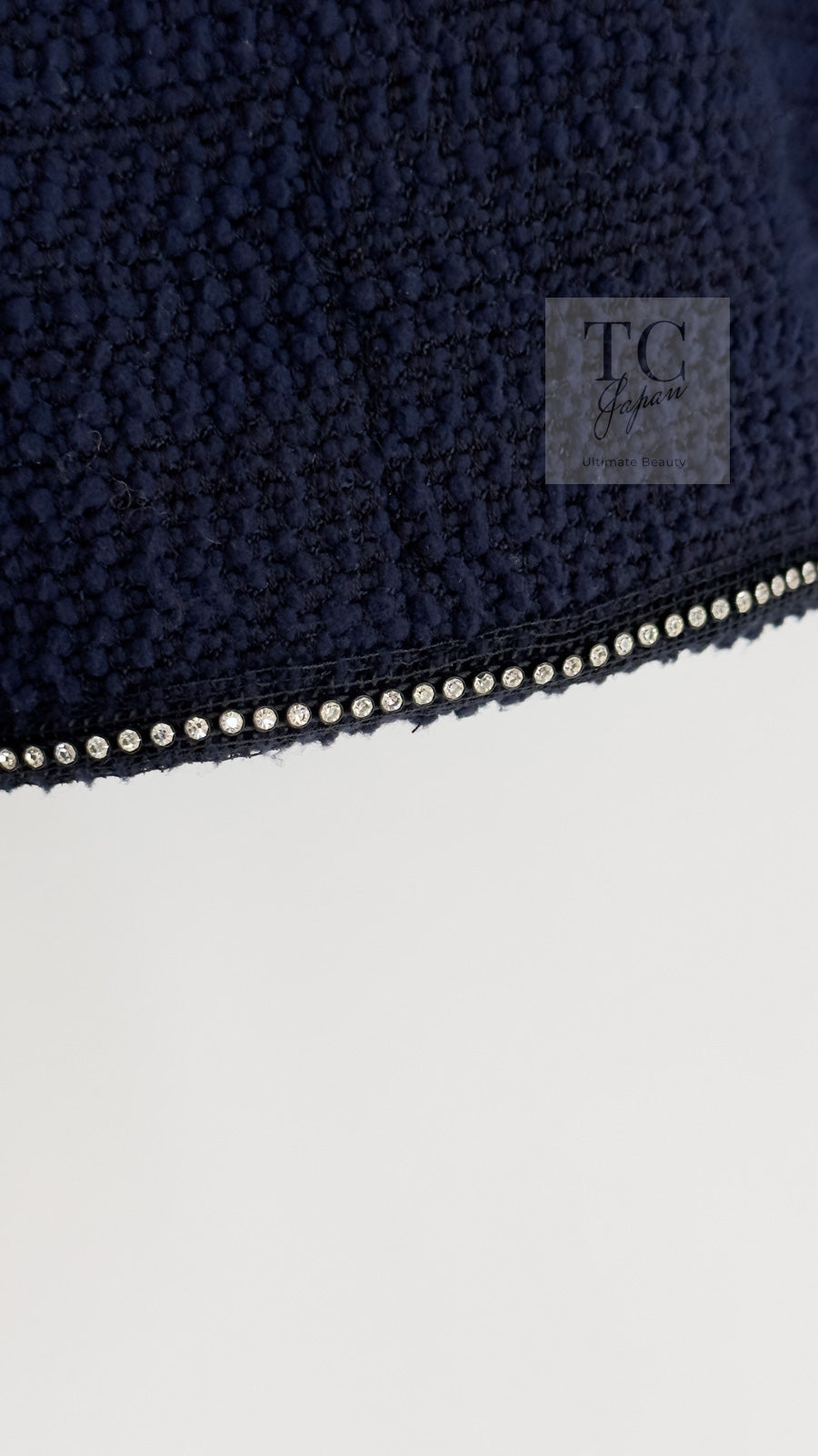 CHANEL 00A Navy Rhinestone Trim Tweed Jacket Skirt Suit 36 38 シャネル ネイビー ラインストーン トリム ツイード ジャケット スカート スーツ 即発