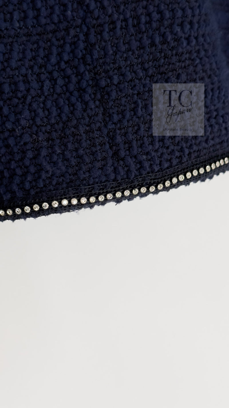 CHANEL 00A Navy Rhinestone Trim Tweed Jacket Skirt Suit 36 38 シャネル ネイビー ラインストーン トリム ツイード ジャケット スカート スーツ 即発