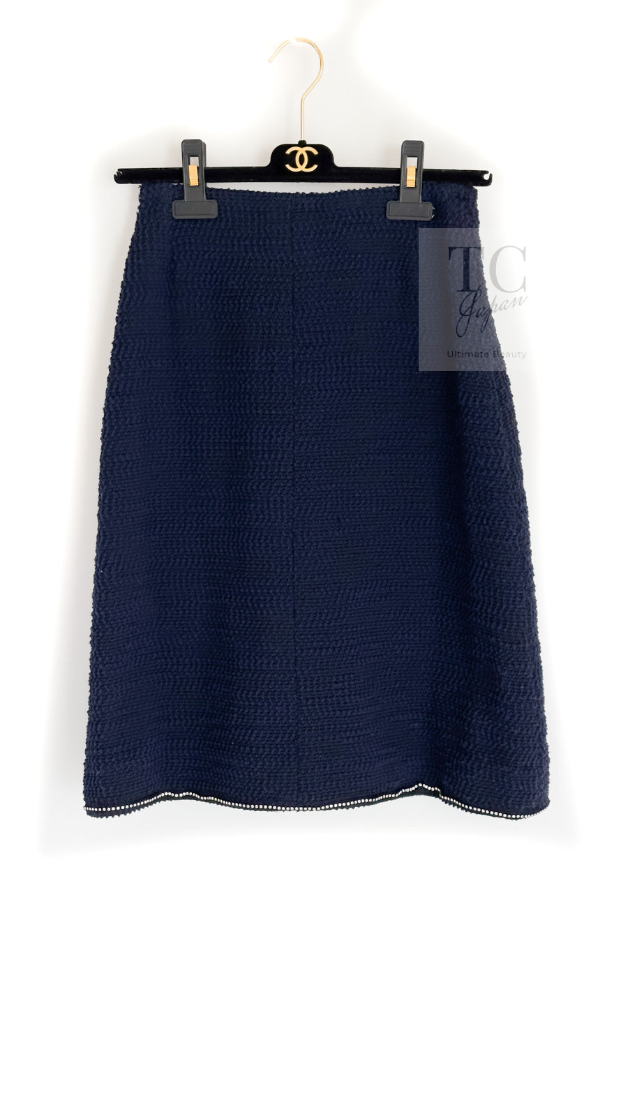 CHANEL 00A Navy Rhinestone Trim Tweed Jacket Skirt Suit 36 38 シャネル ネイビー ラインストーン トリム ツイード ジャケット スカート スーツ 即発