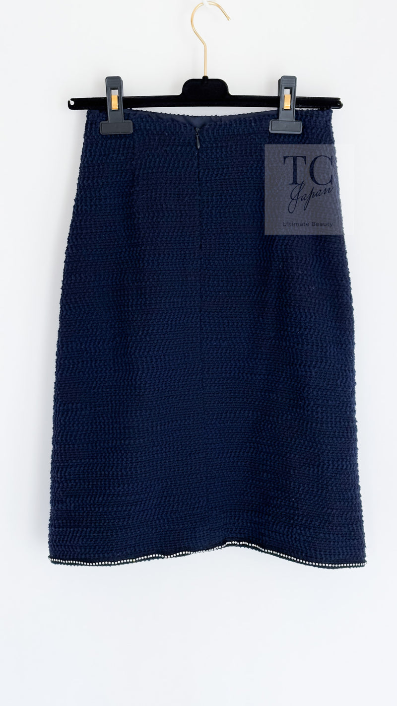 CHANEL 00A Navy Rhinestone Trim Tweed Jacket Skirt Suit 36 38 シャネル ネイビー ラインストーン トリム ツイード ジャケット スカート スーツ 即発