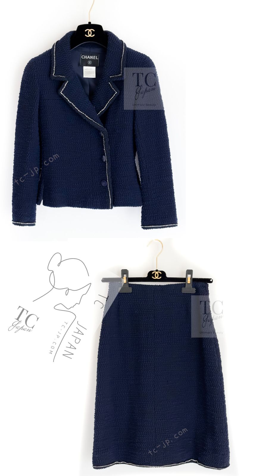 CHANEL 00A Navy Rhinestone Trim Tweed Jacket Skirt Suit 36 38 シャネル ネイビー ラインストーン トリム ツイード ジャケット スカート スーツ 即発