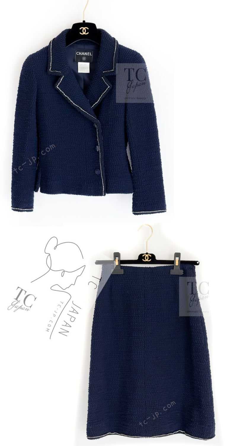 CHANEL 00A Navy Rhinestone Trim Tweed Jacket Skirt Suit 36 38 シャネル ネイビー ラインストーン トリム ツイード ジャケット スカート スーツ 即発