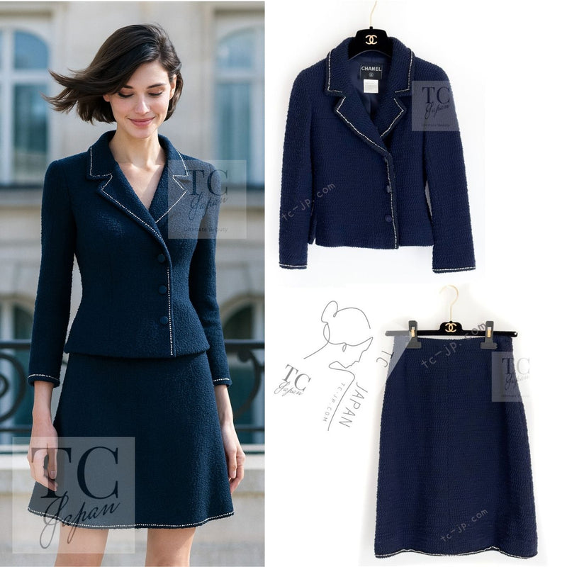 CHANEL 00A Navy Rhinestone Trim Tweed Jacket Skirt Suit 36 38 シャネル ネイビー ラインストーン トリム ツイード ジャケット スカート スーツ 即発
