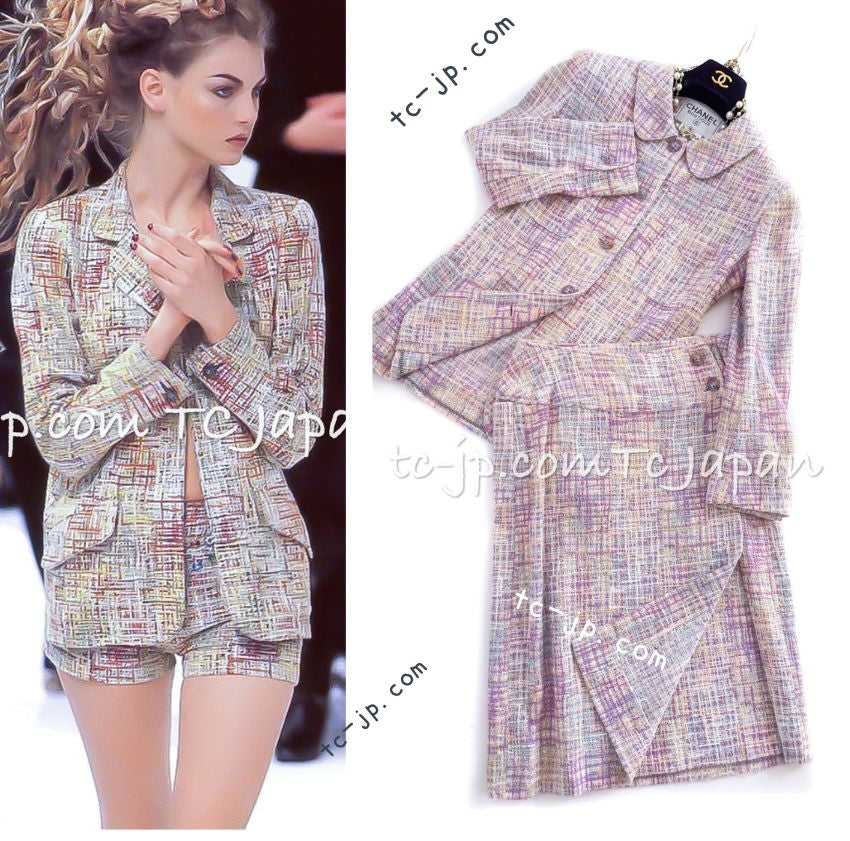 CHANEL 98S Vintage Purple Pink Multi Jacket Skirt Suit 38 40 シャネル ヴィンテージ パープル ピンク マルチ ジャケット スカート スーツ 即発