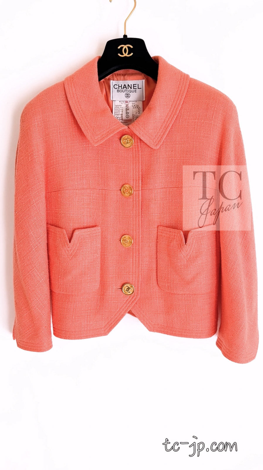 CHANEL 91C Vintage Apricot Gold Button Cotton Jacket Dress Setup 34 36 38 シャネル ヴィンテージ アプリコット CC ゴールド ボタン コットン ジャケット ワンピース セットアップ 即発